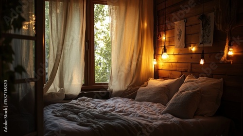 Cozy cabin bedroom ambiance with natural light streaming through the window