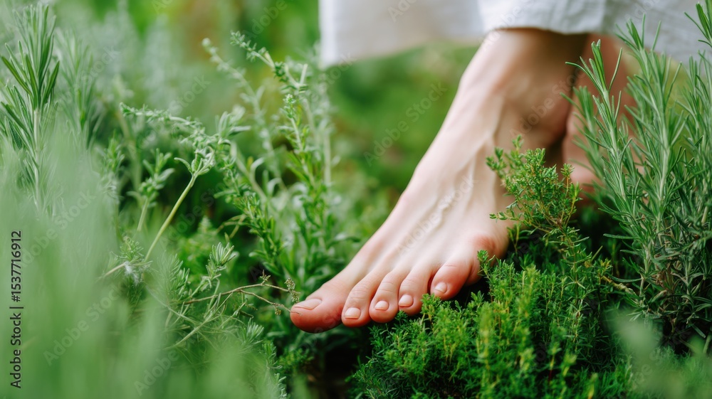 Fototapeta premium Bare feet gently walking through lush green herbs, connecting with nature in a serene garden setting.