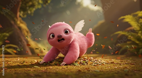 Cute Pink Baby Sloth with Angel Wings Cartoon Character in Forest