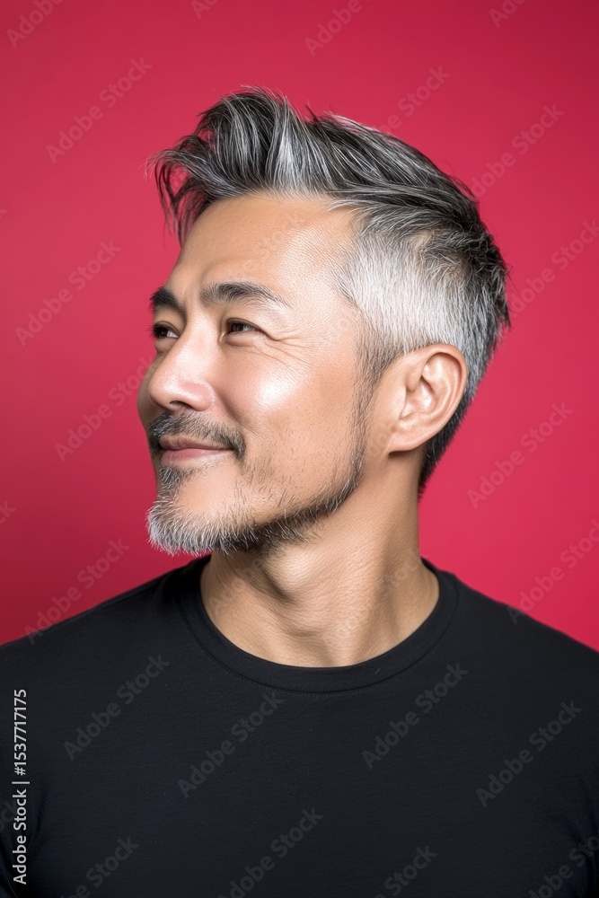 Fototapeta premium Conceptual art of style for aging men. An elegant midlife gentleman smiling gracefully. Elegant men's low fade haircut - midlife asian man with middle hair. Red solid background.