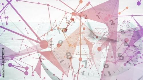 Starting pale gradient, clock emerging, rotating hands, network pulsing, color shift, dissolving