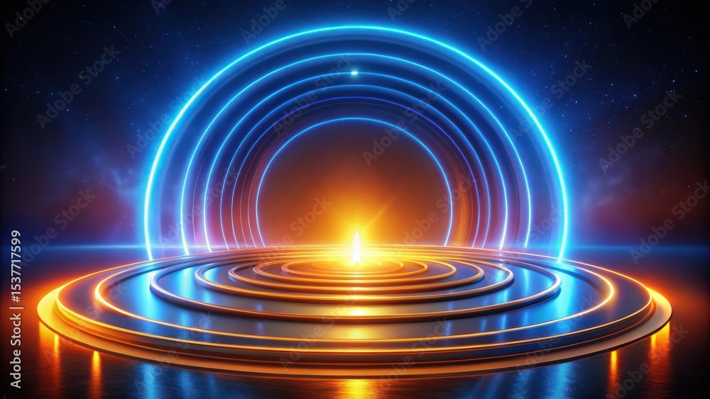 Obraz premium Abstract Futuristic Stage Design with Glowing Neon Rings and a Central Light Source, Ideal for Presentations and Showcases