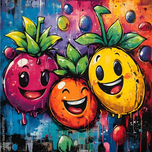 Funny cartoon fruit and vegetable characters with happy smiling faces as graffiti on an abstract autumn wall illustration