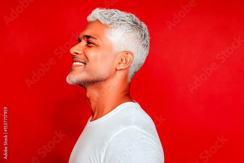 Red solid background. A classic beauty man with timeless elegance. Trendy men's soft perm haircut - midlife indian man with short hair. Visual idea of style for aging men.