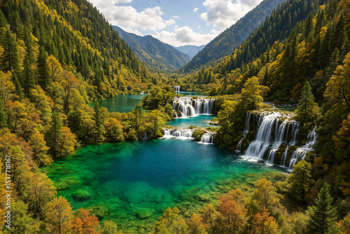 Autumn Waterfall and Lake in Mountain Valley
