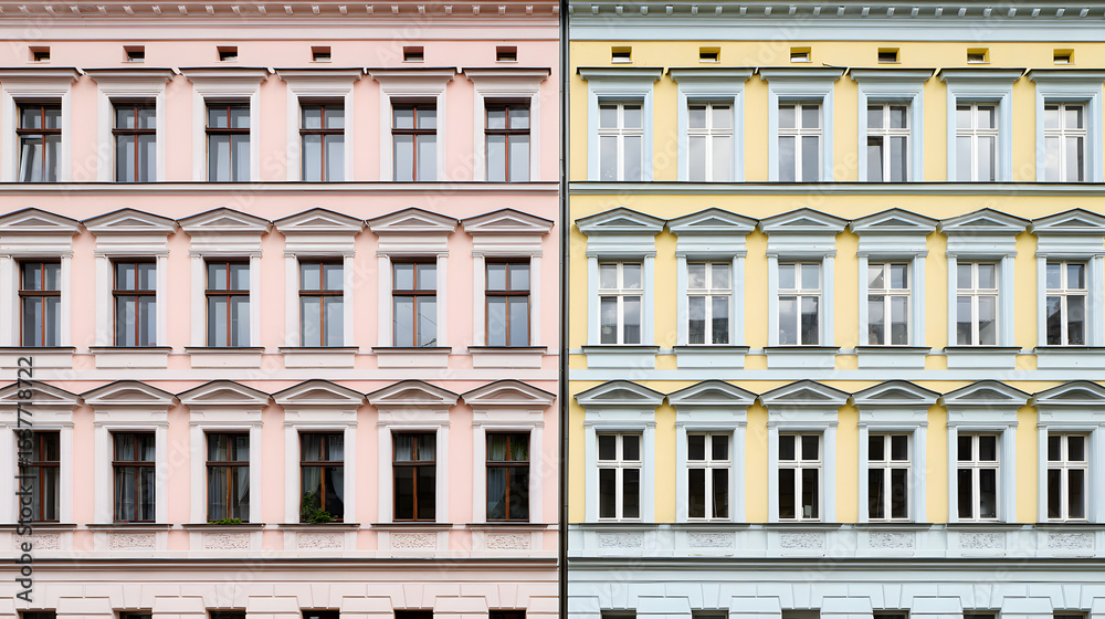 Naklejka premium Pastel-toned building with clean lines, a minimalist urban view. Serene simplicity in soft daylight.