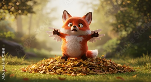 Cute Cartoon Fox Cub on Pile of Autumn Leaves in Forest