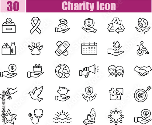  30 Charity of web icons set in line style. Help, caring, solidarity, alms, donate, volunteer, care, charity and more collection editable stroke.