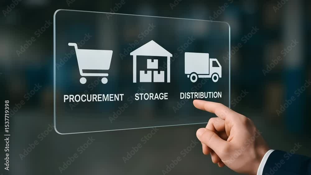 A fingertip selects procurement, storage and distribution icons on a glass interface. Concept of end to end supply chain management.