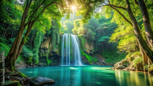 Serene Waterfall Cascading into a Lush Emerald Pool, Bathed in Golden Sunlight Filtering Through a Canopy of Vibrant Green Trees