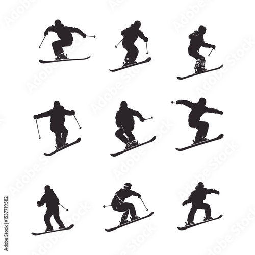 Skiers Silhouettes Set Vector Illustration