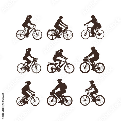 People Riding Bicycles Silhouettes Set