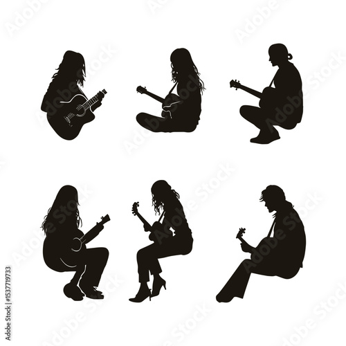 Female Guitar Players Silhouettes Set