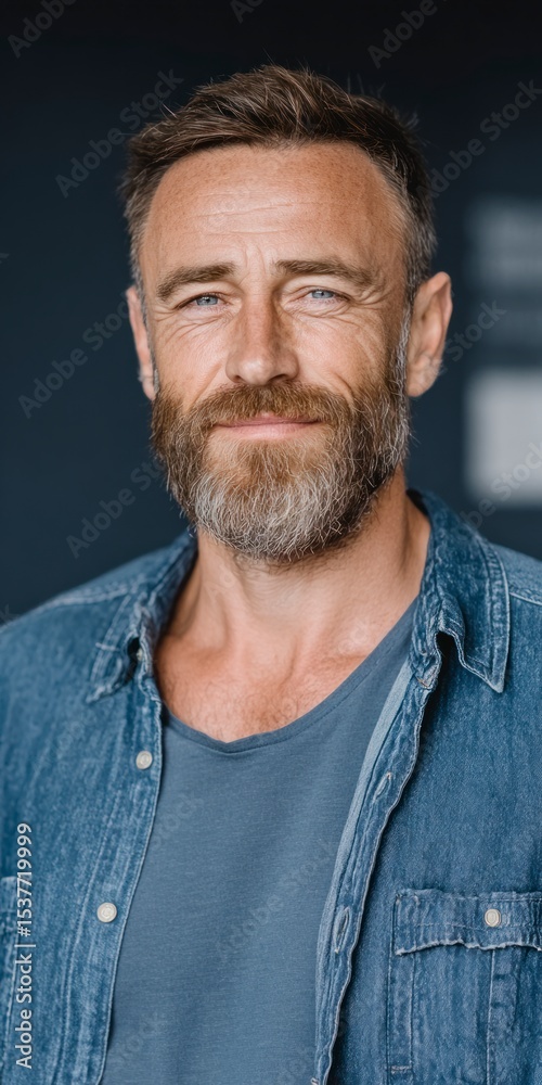 Fototapeta premium Happy Mature Man Portrait Denim Shirt Smiling Close up