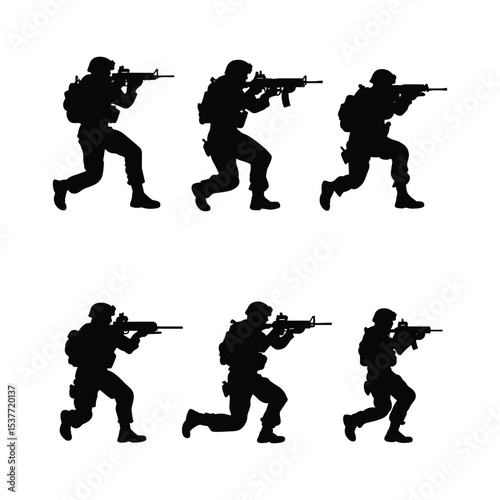 Running Soldiers with Rifles Silhouettes Set
