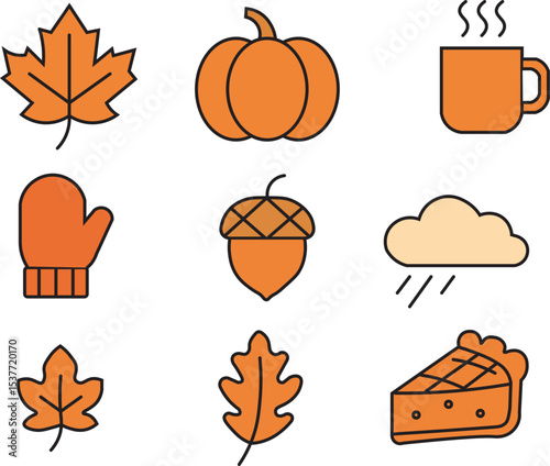 Set of Autumn Icons – Fall Leaves, Pumpkin, Apple Pie, Campfire, and Acorn