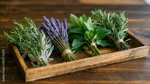 Fresh herbs in a wooden tray.