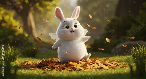 Cute Fluffy White Bunny with Angel Wings Playing in Autumn Leaves - Cartoon Animation