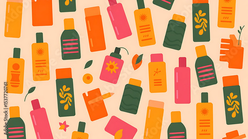 Vibrant Beauty Product Pattern: Colorful Bottles & Packaging Design