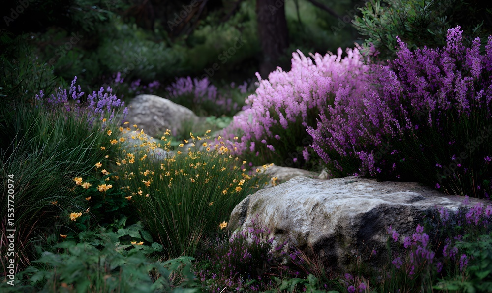 Obraz premium landscape with flowers evening photorealism, Generative AI