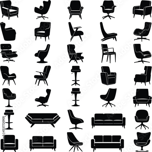 Chair Silhouette Collection in 5x5 Grid Featuring Modern and Classic Furniture Designs