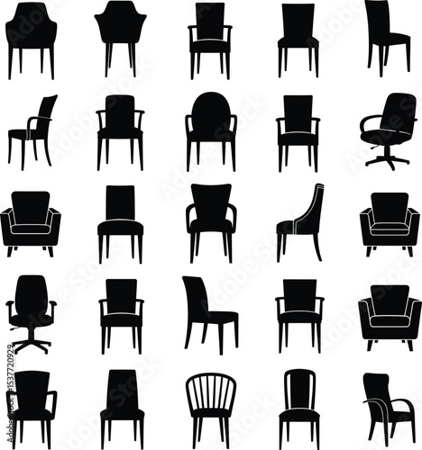 Chair Silhouette Collection in 5x5 Grid Featuring Modern and Classic Furniture Designs