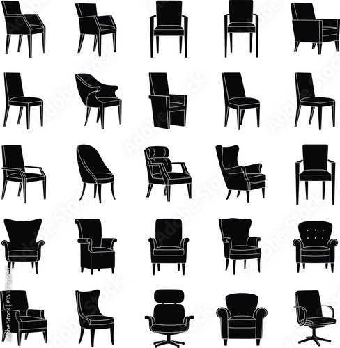 Chair Silhouette Collection in 5x5 Grid Featuring Modern and Classic Furniture Designs