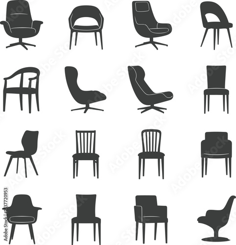 Minimalist Chair Silhouette Collection in Grid Layout Featuring Diverse Designs