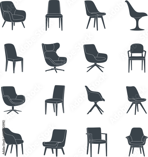 Minimalist Chair Silhouette Collection in Grid Layout Featuring Diverse Designs