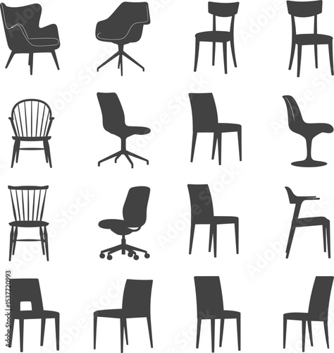 Minimalist Chair Silhouette Collection in Grid Layout Featuring Diverse Designs