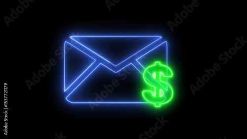 Neon light effect animation of envelope icon and money sign