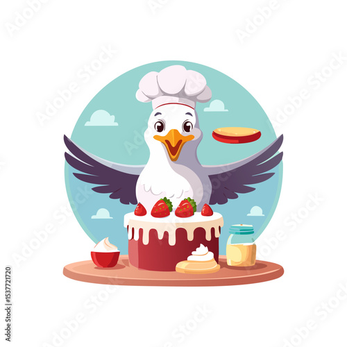 Cute Seagull baking a cake