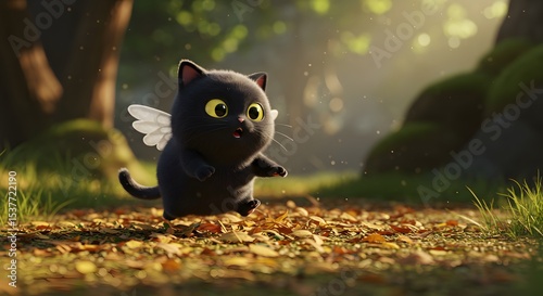 Cute Black Cat with Wings Walking in Forest - Cartoon Animal Character, Fairy Tale Illustration