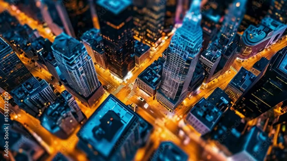 An aerial view of a city at night, showcasing illuminated streets, skyscrapers, and buildings with bokeh lights from street lamps