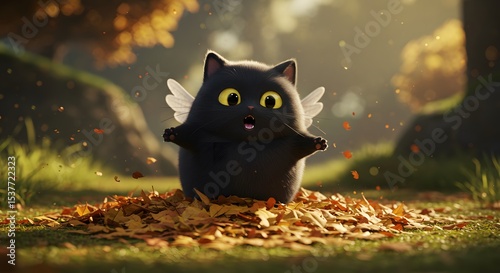 Cute Black Cat with Wings in Autumn Leaves - Cartoon Animal Illustration