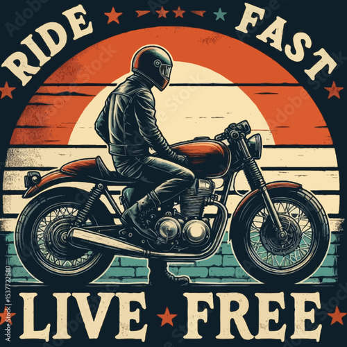 Retro motorcycle sport race rider on a vintage bike with speed and engine illustration vector