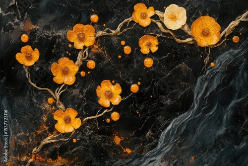 Orange blossoms on dark marble