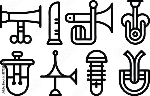 Vintage brass instrument outline icons set isolated on transparent background