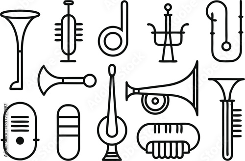 Vintage brass instrument outline icons set isolated on transparent background