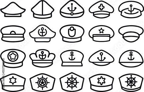 Sea captain hat icon set uniform nautical headwear collection isolated on transparent background