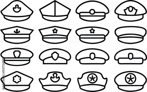 Sea captain hat icon set uniform nautical headwear graphics isolated on transparent background
