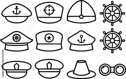 Sea captain hat icon set uniform nautical headwear graphics isolated on transparent background