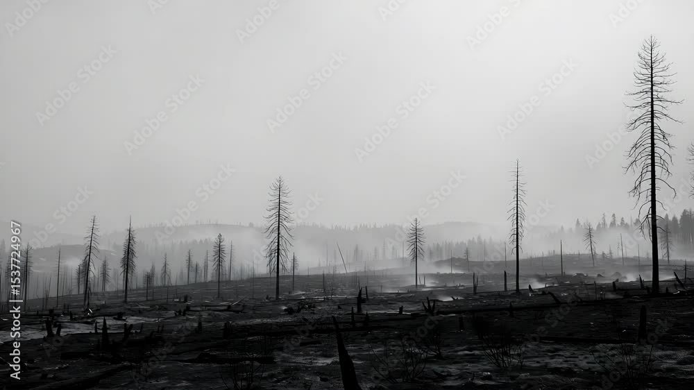 Charred Tree Trunks and Foggy Sky A Monochrome Landscape of Forest Fire Aftermath Environmental Destruction Charred Tree Trunks and Foggy Sky A Monochrome Landscape of Forest Fire Aftermath Environmental Destruction