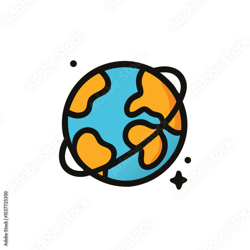 Stylized illustration of Earth in space, with orbiting rings and stars.
