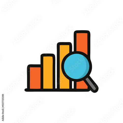 Magnifying glass analyzing upward trending bar graph, illustrating growth and data analysis.
