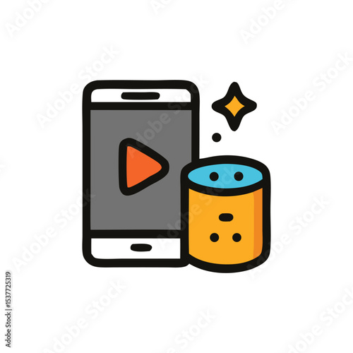 A smartphone displays a video next to a smart speaker, with a star.