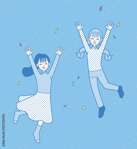 ジャンプして喜ぶ元気な女性のイラスト
