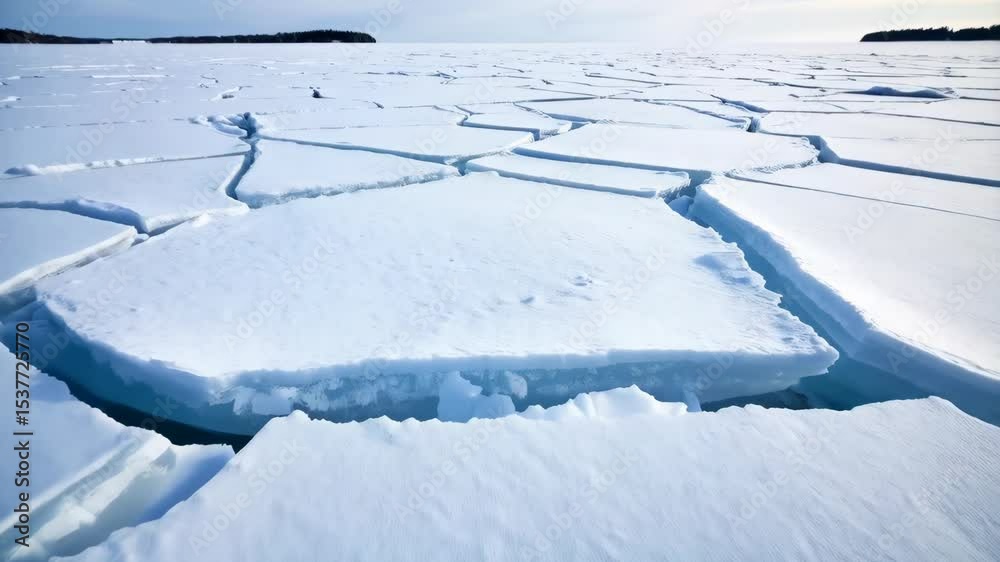 Cracked glacial ice floes covering a frozen lake surface, distant shoreline visible on cold winter day with overcast weather conditions Cracked glacial ice floes covering a frozen lake surface, distant shoreline visible on cold winter day with overcast weather conditions