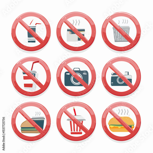 Collection of prohibition signs featuring various items like food, drinks, and photography equipment.