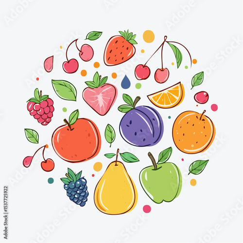 Colorful and vibrant hand-drawn illustration of various fresh and juicy fruits arranged